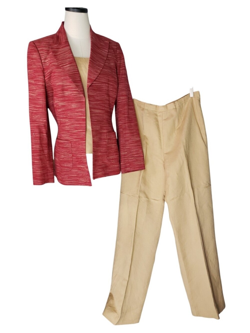 Le Suit Linen 3 Piece Pant Suit Set Red Gold Blazer Tan Pants Top Capsule Career